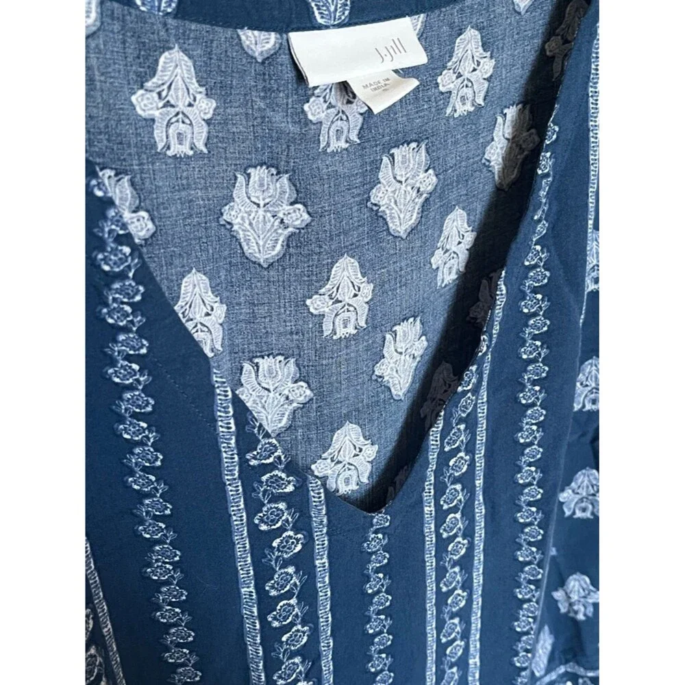 J. Jill Blue/White Seaside Woodblock Print Pullover V Neck Tunic Top Size Small